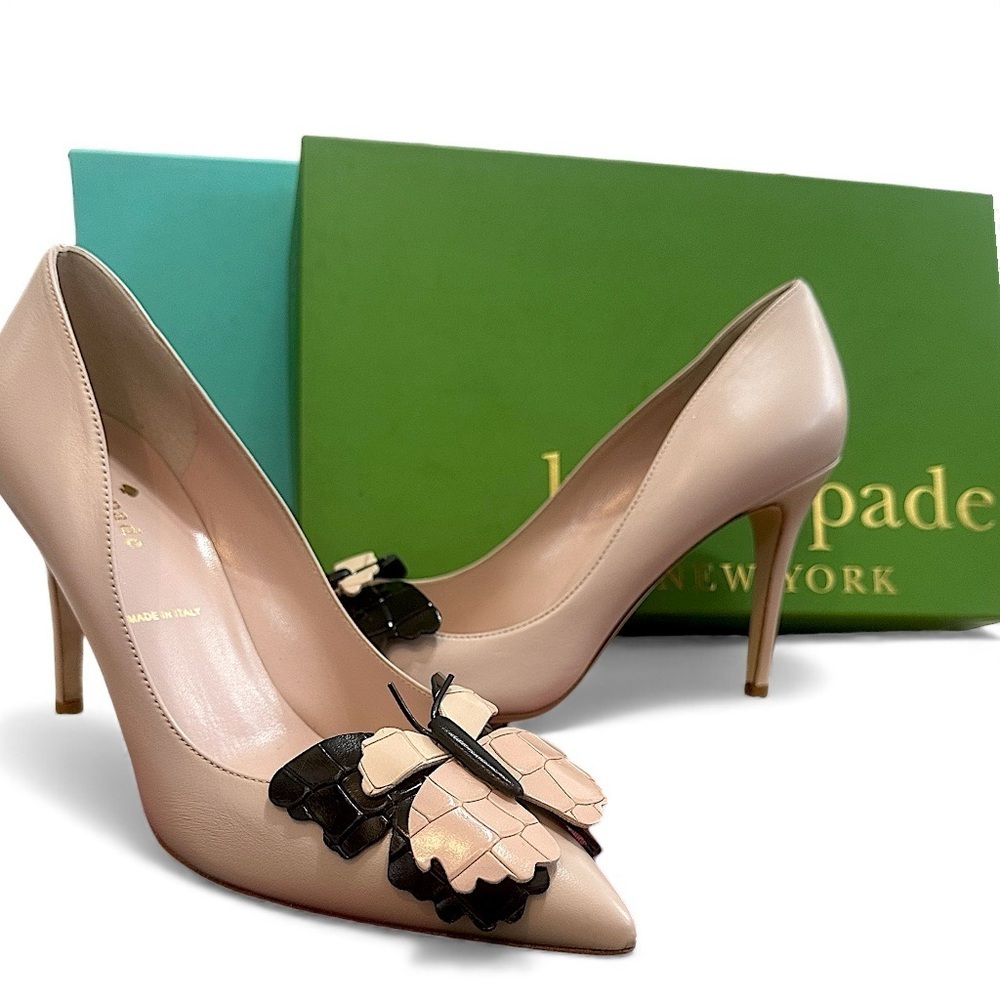 New Kate Spade Laurie Heels Butterfly Women’s 6.5 w/ Box Pale Pink Nappa Leather - Picture 2 of 16